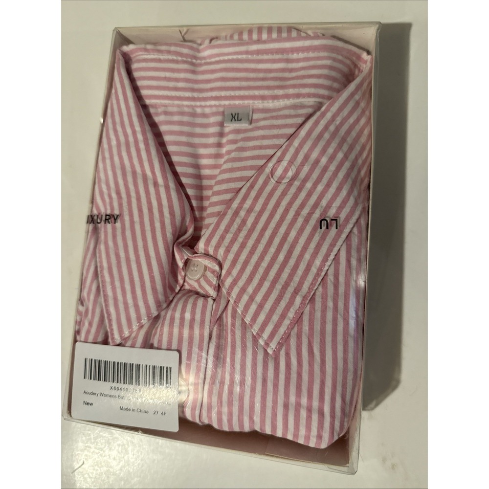 Aoudery Women's Button Down Shirt Size XL White Pink Striped